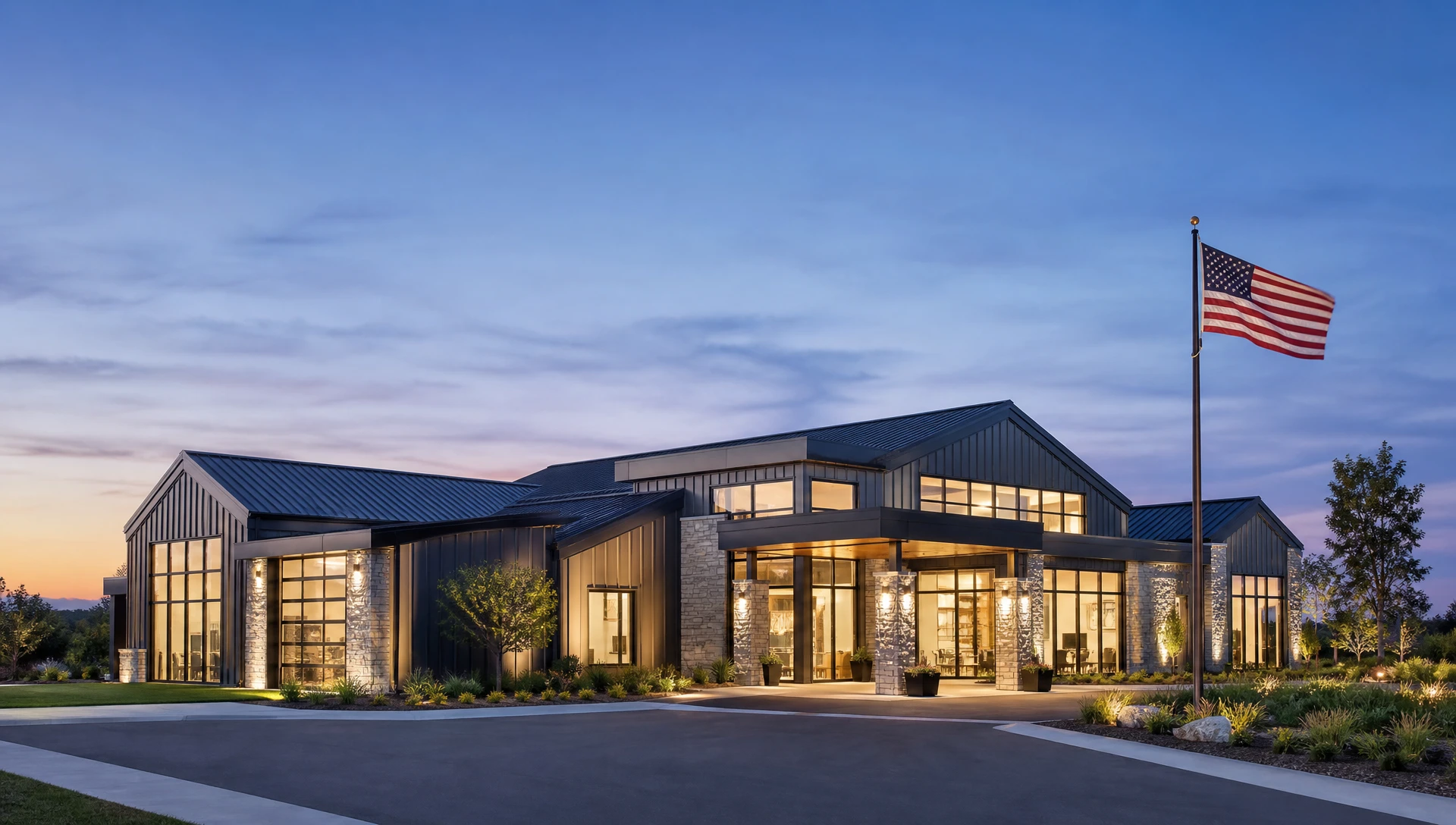 Modern commercial steel office building with architectural metal panels and standing seam roof representing Iron Forge Buildings' commitment to quality craftsmanship and customer trust.