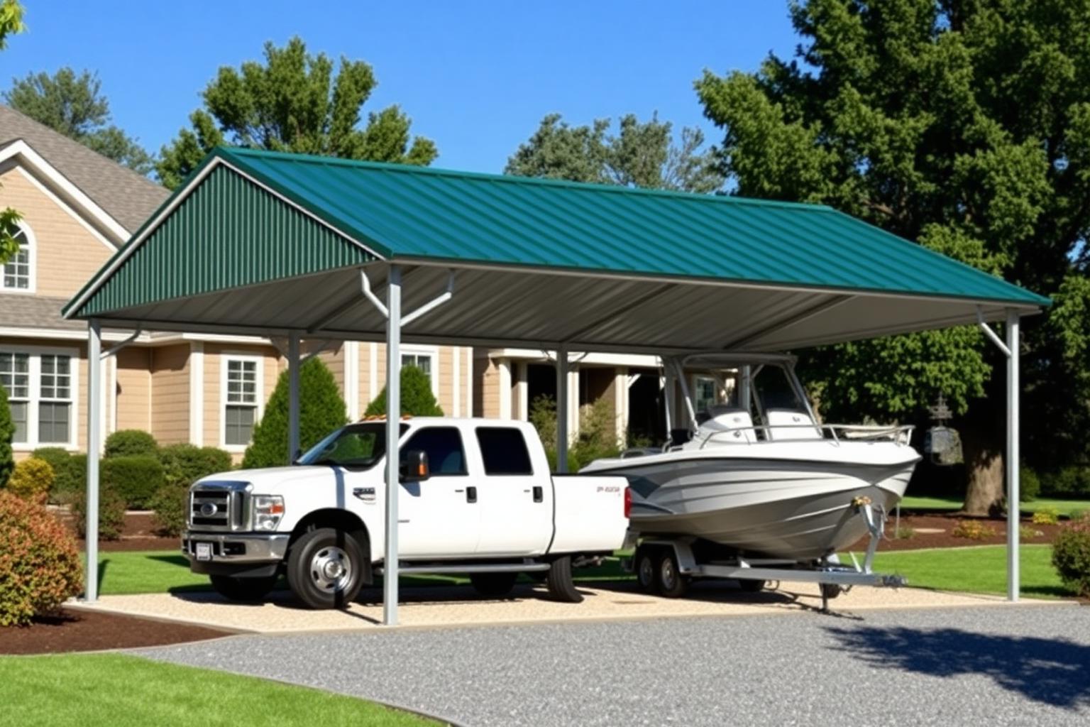 Triple-wide 24x30 residential steel carport with forest green vertical roof sheltering a pickup truck and boat on trailer