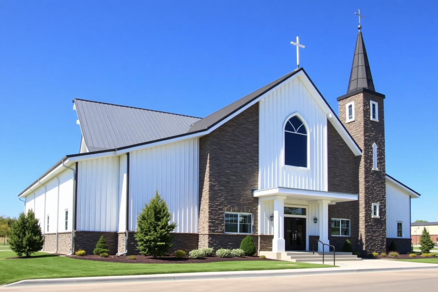 Contemporary steel church building with white metal exterior, stone accent walls, arched stained-glass window, and steeple with cross