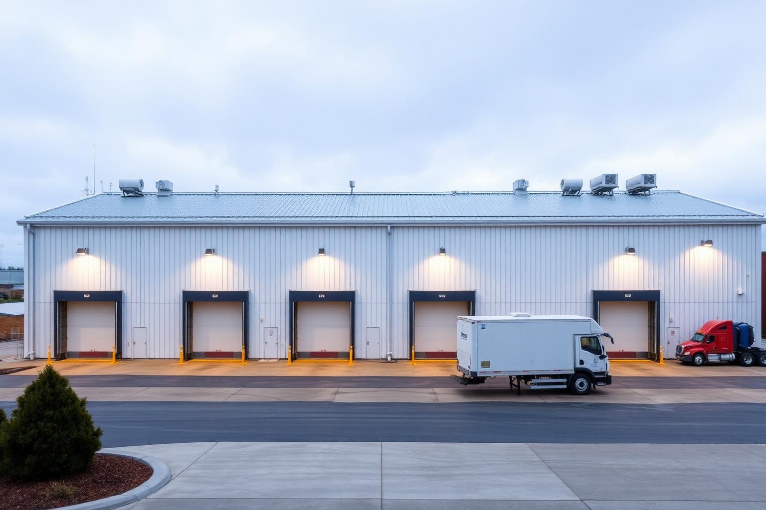 Insulated white steel cold storage warehouse with four refrigerated dock doors, dock shelters, and rooftop refrigeration condensers