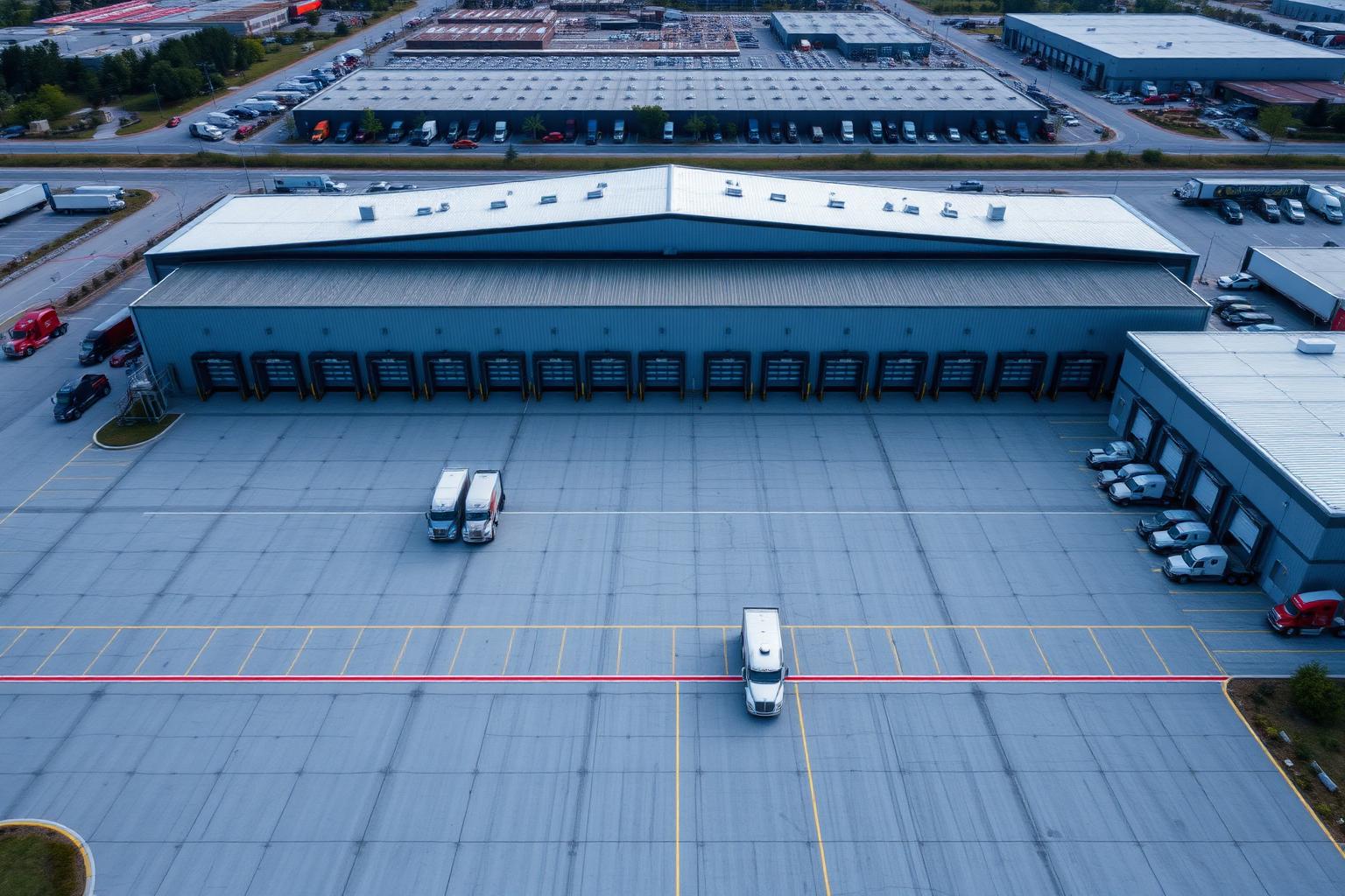 Aerial view of a 200x400 cross-dock distribution center with dozens of dock doors and semi-trailers across a large concrete truck court