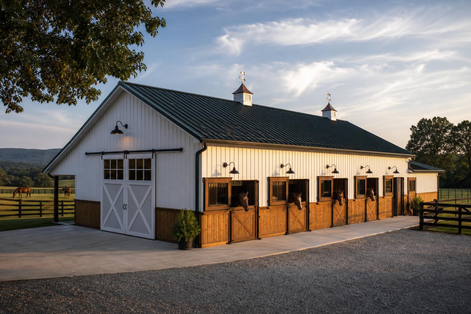 Elegant center-aisle steel horse barn with dark green metal roof, cupolas, cedar wainscot, and horses in dutch-door stalls
