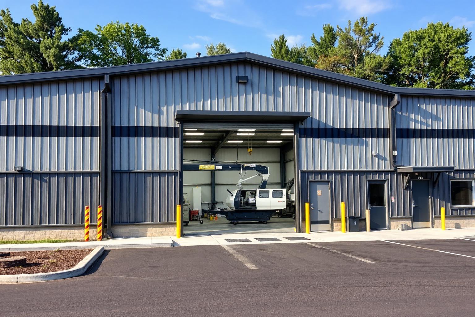 Professional CNC machine shop steel building with 18-foot eaves, gray metal cladding, and overhead door revealing machining centers and crane