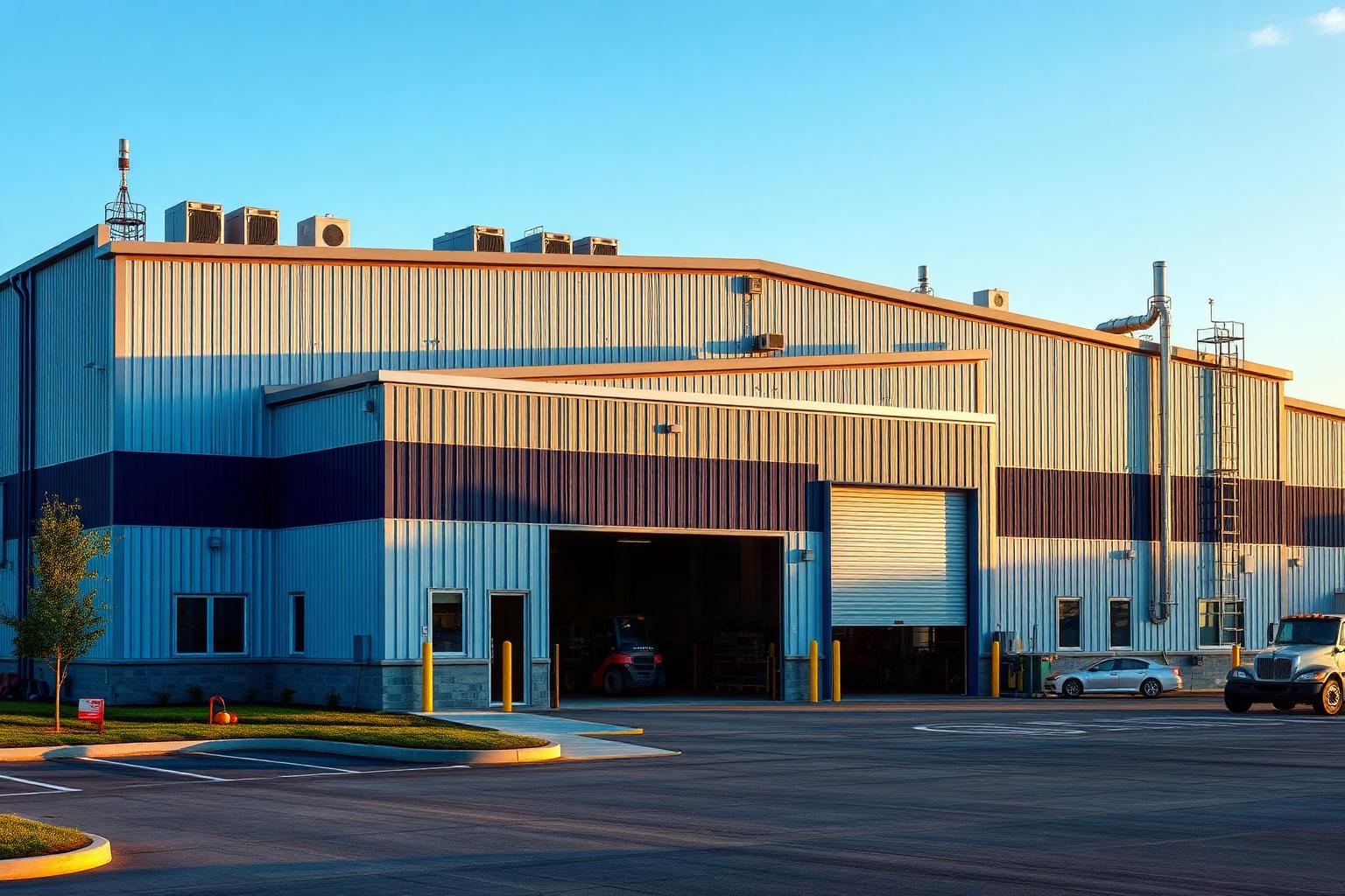 Silver steel manufacturing plant with 30-foot eaves, monitor roof, rooftop HVAC units, and forklift at an oversized overhead door