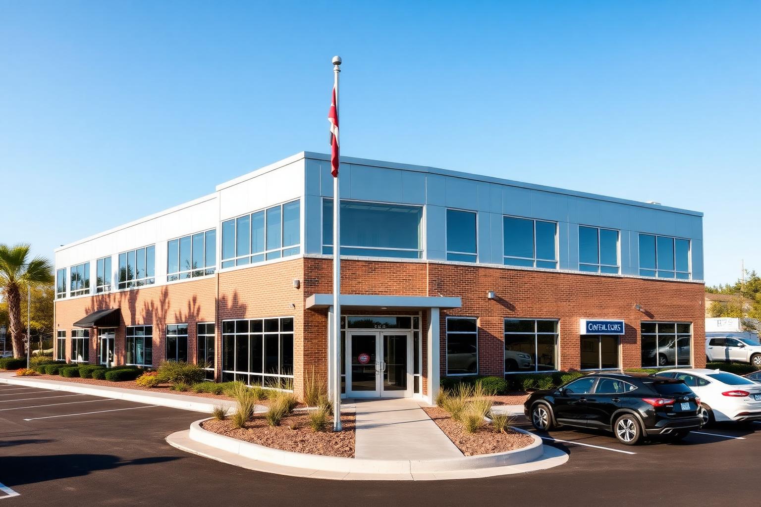 Two-story steel office building with brick veneer and storefront glazing curtain wall entrance, flagpole, and landscaped parking