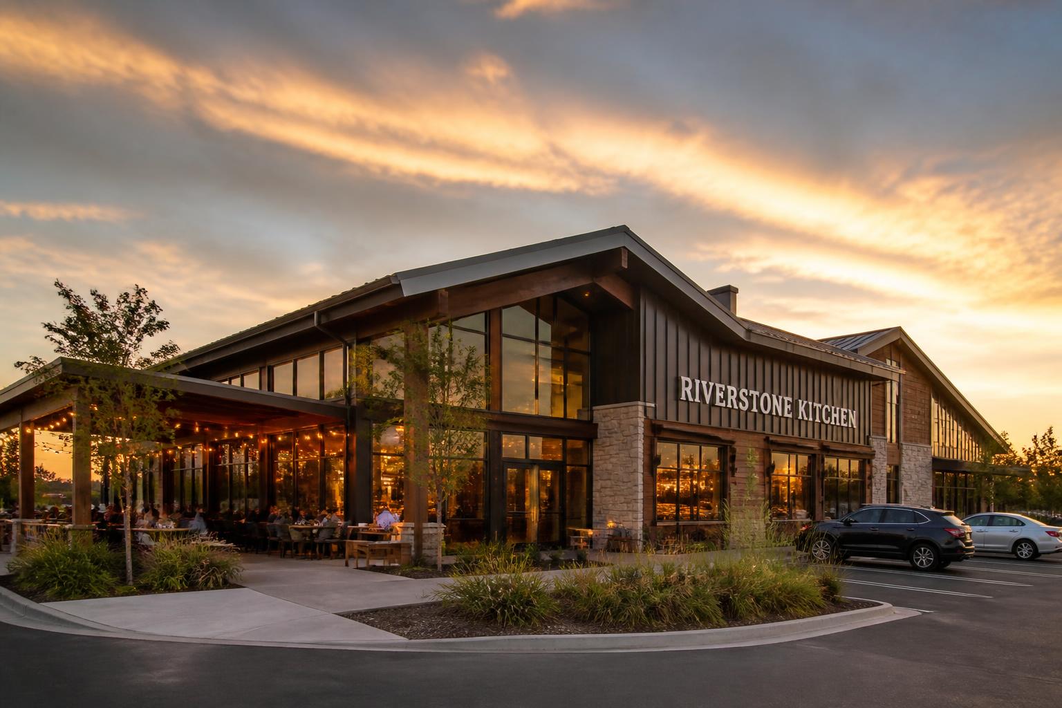 Upscale steel-framed restaurant with standing seam metal roof, stone and cedar accents, floor-to-ceiling windows, and an outdoor patio full of diners at golden hour