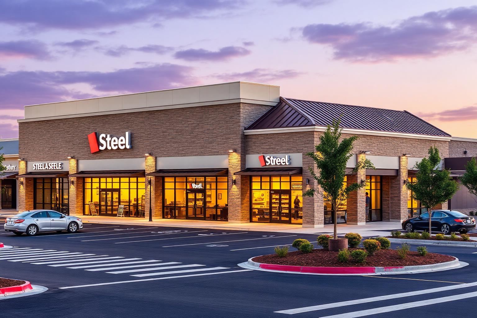 Modern steel retail strip center with four illuminated glass storefronts, stone veneer columns, and covered sidewalk canopy at dusk