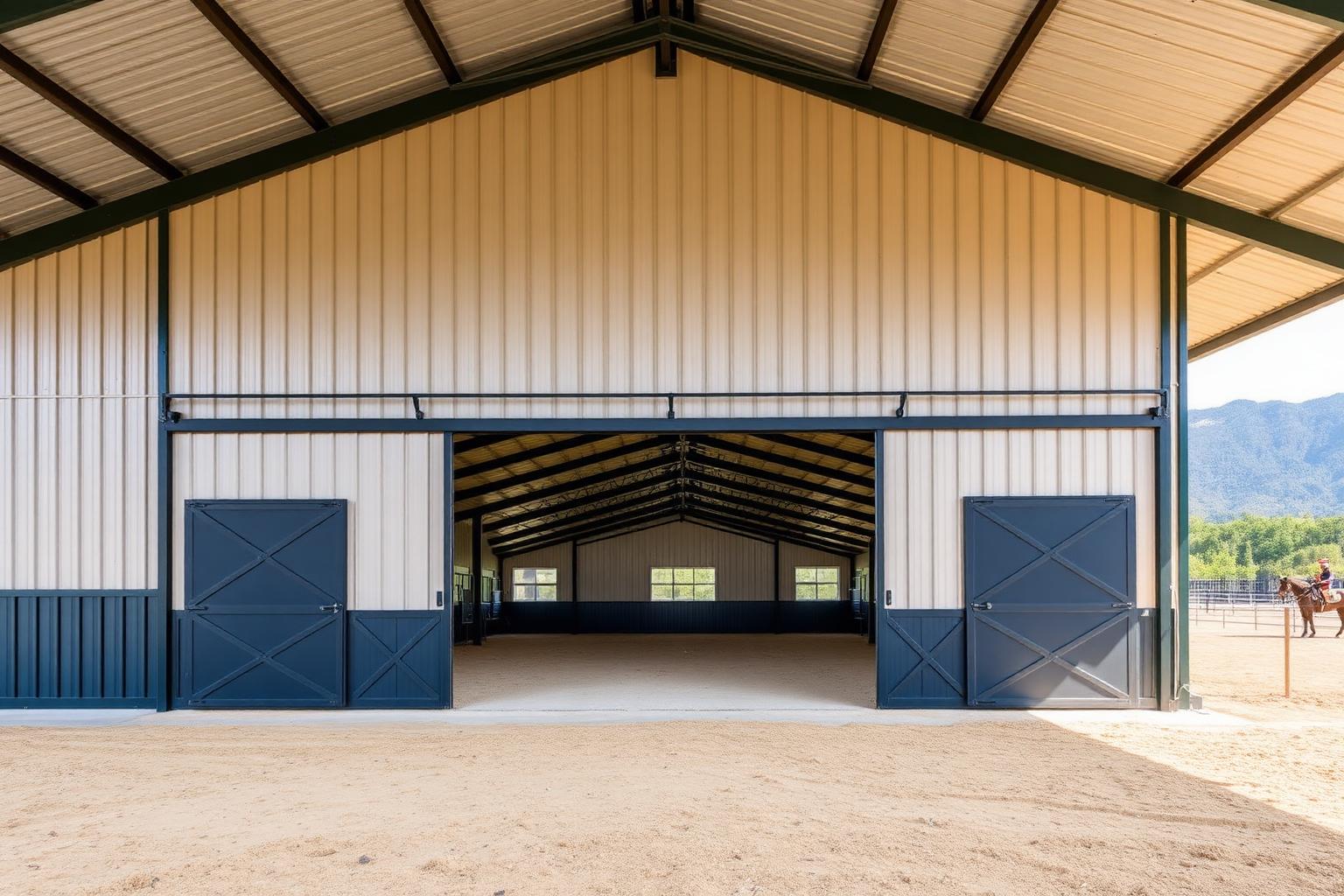 Clear-span 100x200 indoor riding arena steel building with tan metal exterior, dark green trim, sliding entry doors, and mountain backdrop