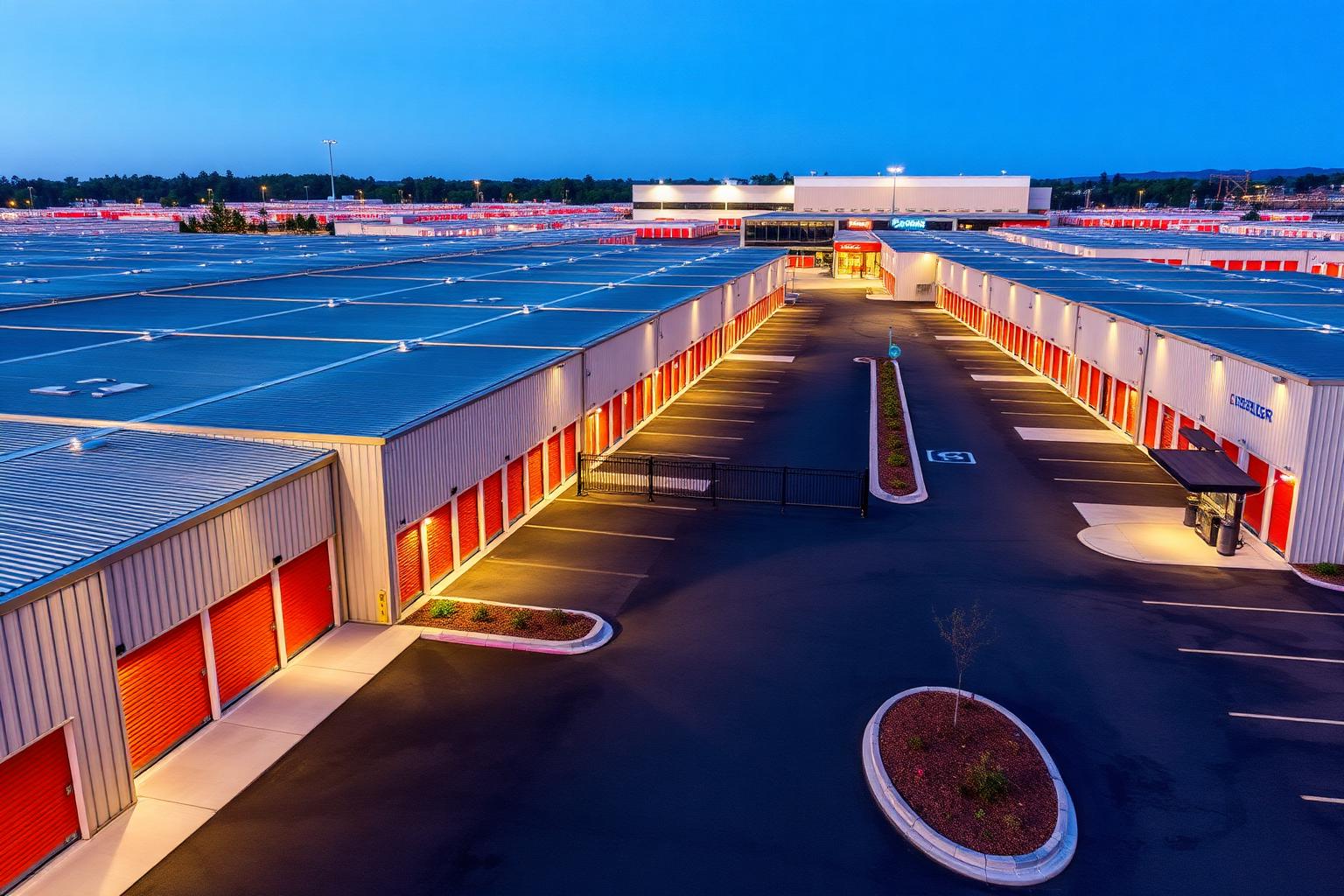 Multi-building self storage facility with rows of steel units, bright orange roll-up doors, secure fencing, and lit drive lanes at dusk