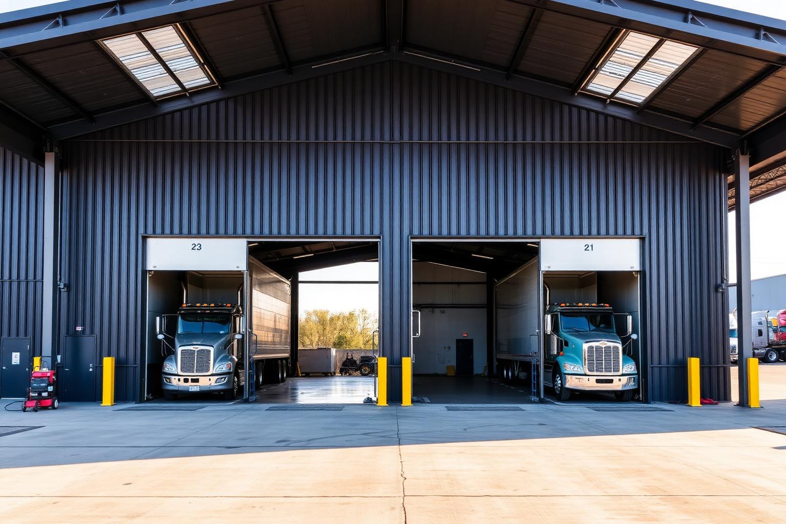 Heavy-duty truck maintenance shop steel building with 22-foot eaves, drive-through bay doors, and Class 8 semi-tractors inside
