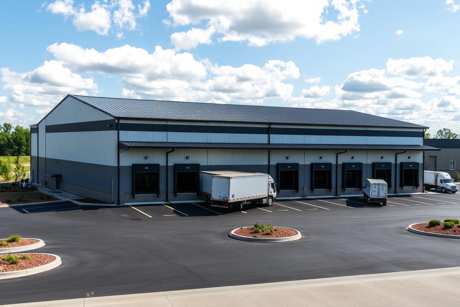 60x150 charcoal-roof steel warehouse with six dock-high loading doors, semi-trailers backed in, and truck court in an industrial park